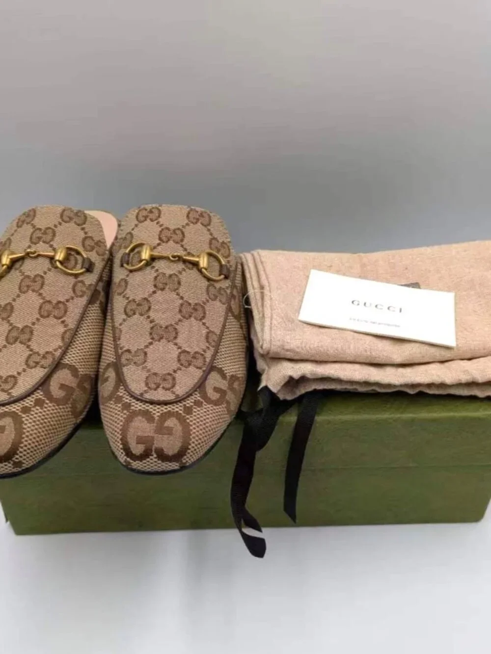 Gucci Monogram Jumbo GG Malaga Princetown Slippers Camel Ebony Beige EU37 475094 - Picture 12 of 13